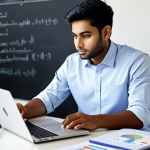 A young professional, of South Asian descent, dressed in a crisp, modest business casual shirt and dark trousers, sitting at a clean, well-lit modern study desk. The individual is deeply focused, reviewing an open textbook on hotel management, with an open laptop displaying analytical charts and a neatly organized syllabus beside it. The background is a blurred, inviting study room with a motivational poster. The atmosphere is diligent and academic. Professional photography, high resolution, soft studio lighting, realistic, detailed, vibrant colors, perfect anatomy, correct proportions, natural pose, well-formed hands, proper finger count, natural body proportions, fully clothed, modest clothing, appropriate attire, professional dress, safe for work, appropriate content, family-friendly.