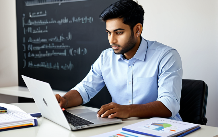 A young professional, of South Asian descent, dressed in a crisp, modest business casual shirt and dark trousers, sitting at a clean, well-lit modern study desk. The individual is deeply focused, reviewing an open textbook on hotel management, with an open laptop displaying analytical charts and a neatly organized syllabus beside it. The background is a blurred, inviting study room with a motivational poster. The atmosphere is diligent and academic. Professional photography, high resolution, soft studio lighting, realistic, detailed, vibrant colors, perfect anatomy, correct proportions, natural pose, well-formed hands, proper finger count, natural body proportions, fully clothed, modest clothing, appropriate attire, professional dress, safe for work, appropriate content, family-friendly.