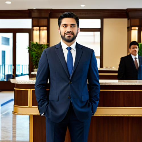 A professional hotel manager in a modest business suit, standing confidently in the hotel lobby. The background includes a reception desk and a few guests, fully clothed. Appropriate attire, safe for work, perfect anatomy, natural proportions, professional photography, high quality.