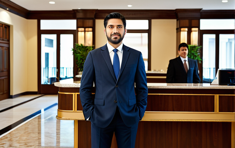 A professional hotel manager in a modest business suit, standing confidently in the hotel lobby. The background includes a reception desk and a few guests, fully clothed. Appropriate attire, safe for work, perfect anatomy, natural proportions, professional photography, high quality.