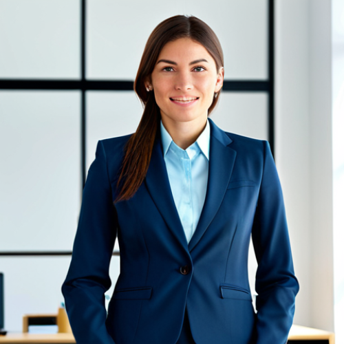 **

A professional businesswoman in a modest business suit, standing in a brightly lit, modern office.  Fully clothed, appropriate attire, safe for work, perfect anatomy, natural proportions, professional photography, high quality. Family-friendly.

**