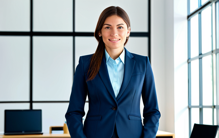 **

A professional businesswoman in a modest business suit, standing in a brightly lit, modern office.  Fully clothed, appropriate attire, safe for work, perfect anatomy, natural proportions, professional photography, high quality. Family-friendly.

**