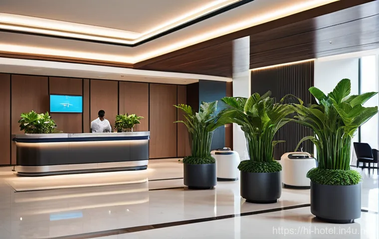 호텔 업계 주요 동향 및 전망 - **Prompt:** A sleek, futuristic hotel lobby designed with minimalist aesthetics and natural light. A...