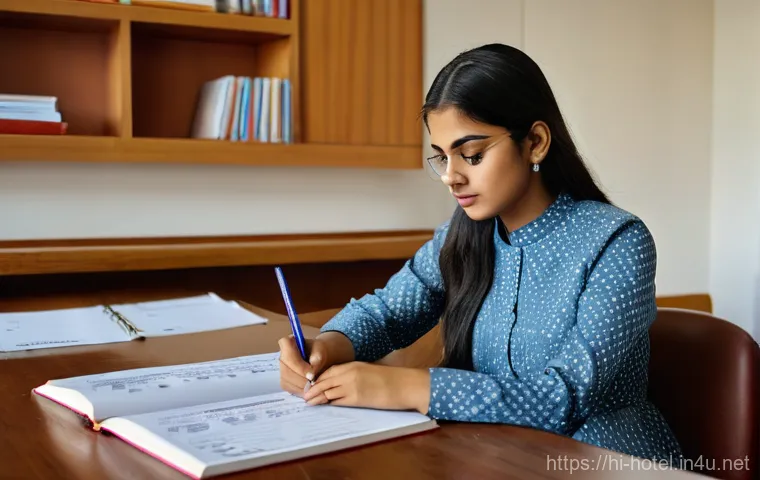호텔관리사 시험 준비 가이드북 소개 - A young South Asian female student, dressed in a modest, smart casual outfit (e.g., a neat blouse an...