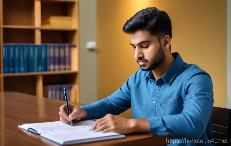 호텔관리사 시험 준비 가이드북 소개 - A confident young South Asian female professional, approximately 25-30 years old, wearing a crisp, t...