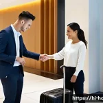 호텔 경영의 기초 이론 - **Prompt:** A bustling, brightly lit modern hotel lobby designed with sleek, sustainable materials. ...