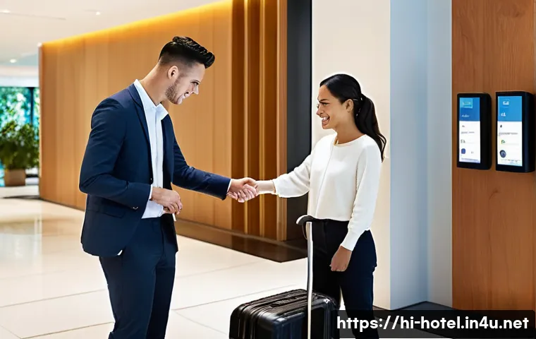 호텔 경영의 기초 이론 - **Prompt:** A bustling, brightly lit modern hotel lobby designed with sleek, sustainable materials. ...