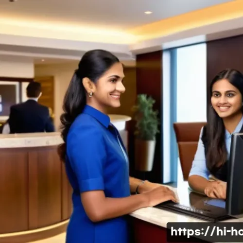 호텔 현장 실습 경험 공유 - A busy hotel front desk scene showing a polite Indian hotel receptionist in a crisp uniform smiling ...