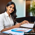 호텔 연봉 협상에서의 데이터 활용법 - A confident Indian hotel receptionist in professional attire, sitting at a desk during a salary nego...