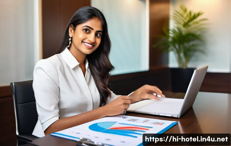 호텔 연봉 협상에서의 데이터 활용법 - A confident Indian hotel receptionist in professional attire, sitting at a desk during a salary nego...