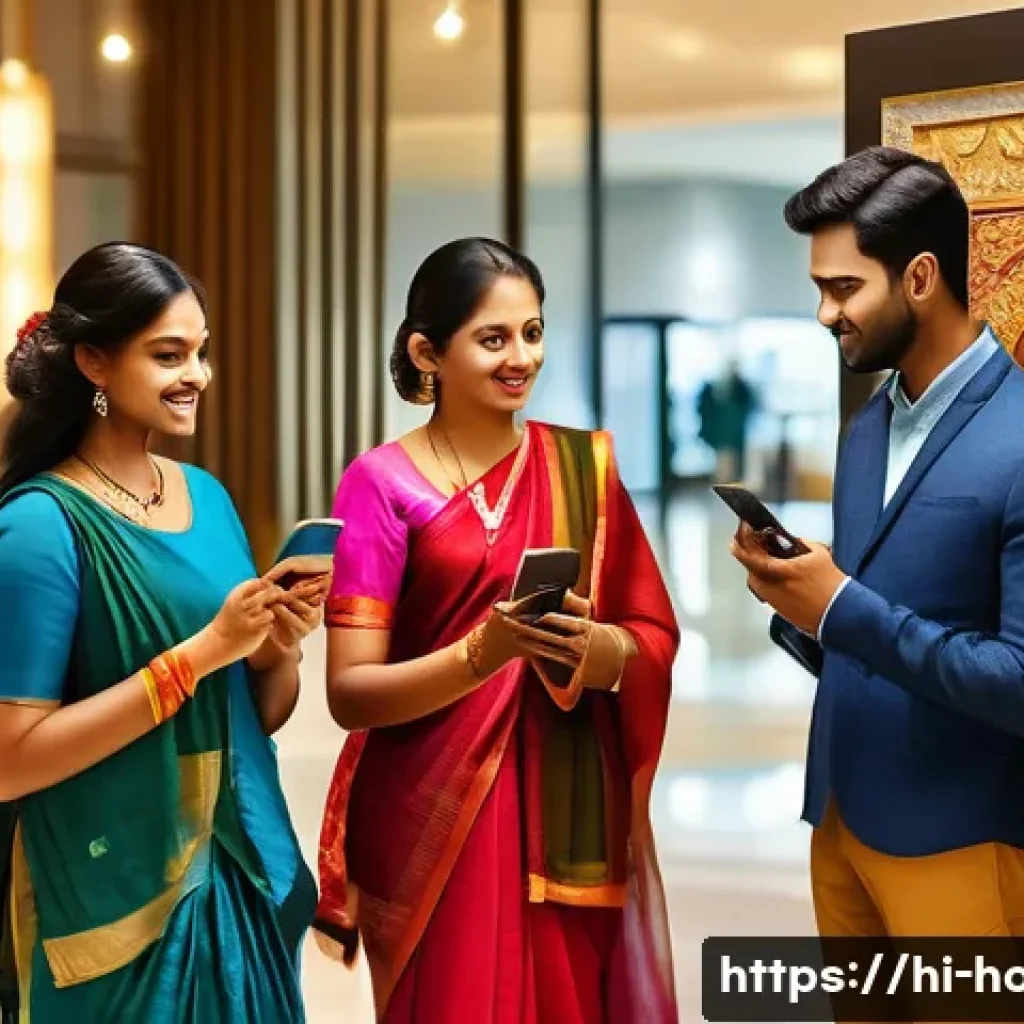 호텔 실무와 관련된 주요 기술 트렌드 - A modern hotel lobby scene featuring a diverse group of Indian guests interacting with digital check...