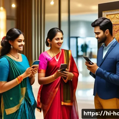 호텔 실무와 관련된 주요 기술 트렌드 - A modern hotel lobby scene featuring a diverse group of Indian guests interacting with digital check...