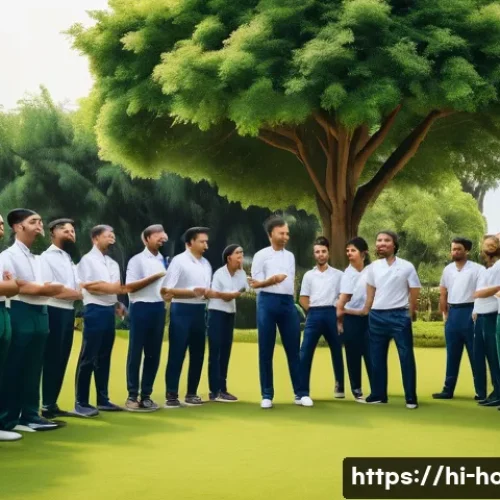 호텔 인사 관리와 조직 문화 - A vibrant hotel staff team engaged in a lively outdoor team-building activity in a sunny garden, fea...