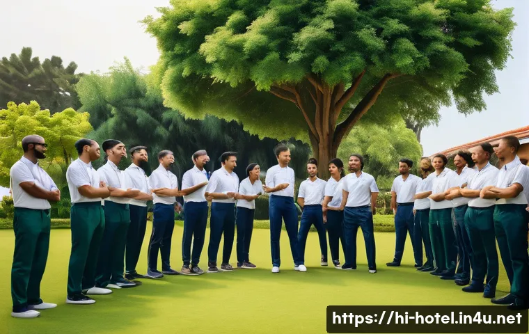 호텔 인사 관리와 조직 문화 - A vibrant hotel staff team engaged in a lively outdoor team-building activity in a sunny garden, fea...