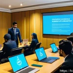 호텔관리사 시험을 준비하며 겪은 이야기 - A modern classroom scene focused on hotel management students of Indian origin, engaged in digital l...