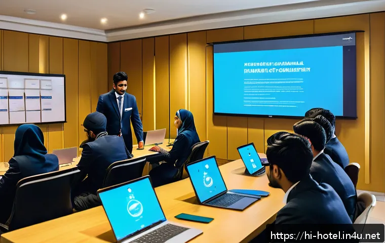 호텔관리사 시험을 준비하며 겪은 이야기 - A modern classroom scene focused on hotel management students of Indian origin, engaged in digital l...