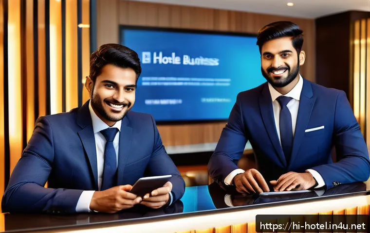 호텔관리사 필기와 실기의 연계성 - A modern hotel front desk scene showcasing a diverse team of young Indian professionals in smart bus...