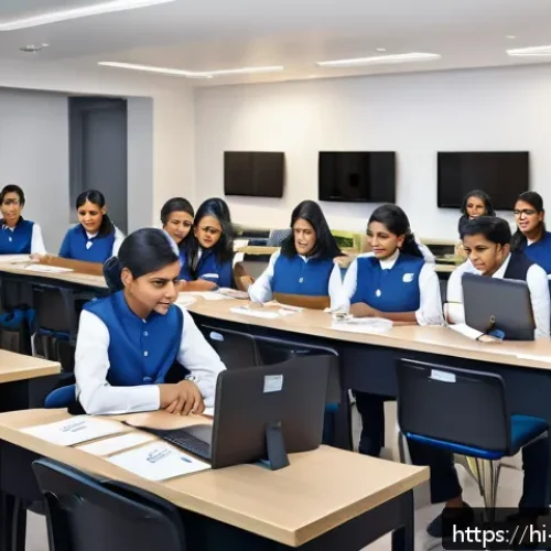 호텔관리사 자격증 필요성 - A modern hospitality training classroom scene featuring diverse young Indian students attentively le...