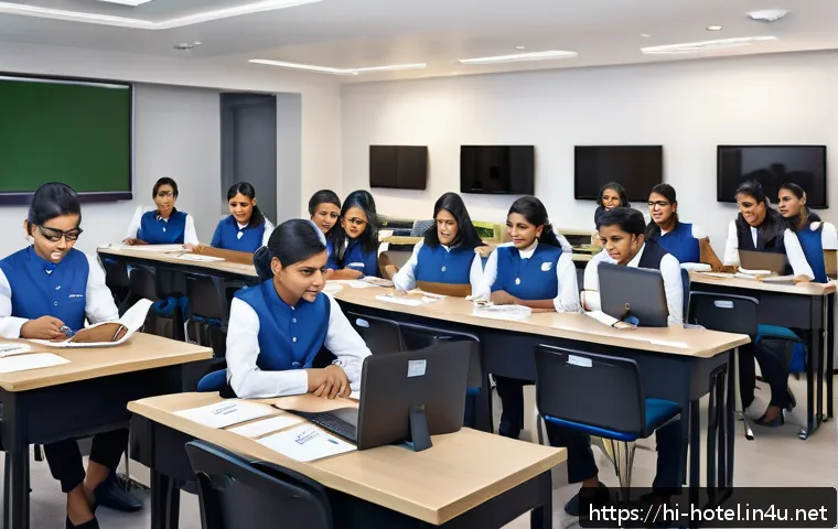 호텔관리사 자격증 필요성 - A modern hospitality training classroom scene featuring diverse young Indian students attentively le...