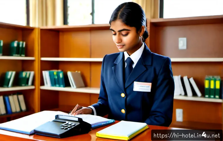 호텔 필기 시험에서 고득점 가능한 과목 - Photorealistic hotel management student in a neat uniform studying practical hospitality materials a...