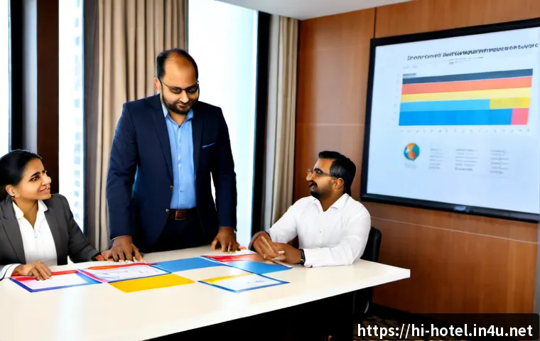 호텔 실무에서의 프로젝트 관리 방법 - Photorealistic hotel project management meeting in a modern Indian business hotel conference room, d...