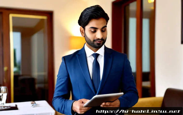호텔 취업 후 경력 관리 전략 - Photorealistic Indian hotel professional in a neat business suit reviewing a career development port...